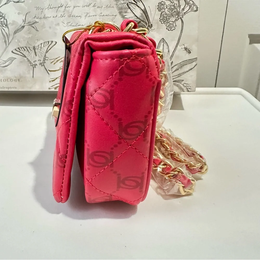 bebe Liv Monogram Crossbody bag in Bright Pink/Dark Pink Logo gold hardware